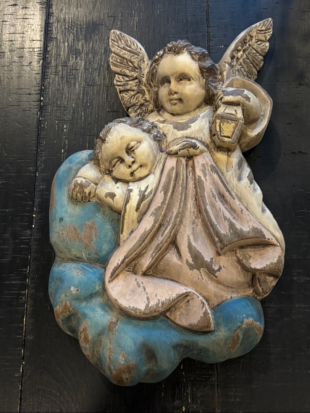 Craft Hand Carved Wood Hanging Of Winged Angel & Baby Signed OP Wings